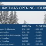 A picture of a snowy tree scene with a blue banner with the opening dates and times of the harlow and puckeridge clinics HARLOW Monday 23rd December 0930 - 2000 Christmas Eve December 0900 - 1300 Christmas Day - New Years Day CLOSED Thursday 2nd January 0930 - 2000 PUCKERIDGE Monday 23rd December 0800 – 1630 Christmas Eve - New Years Day CLOSED Thursday 2nd January 0930 - 2000
